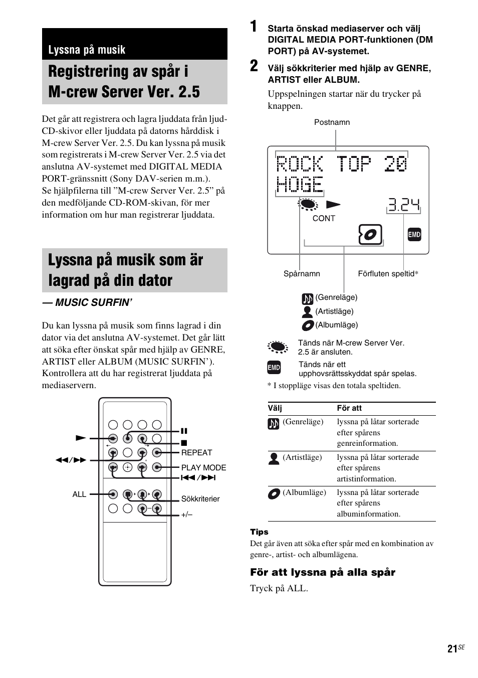 Lyssna på musik, Registrering av spår i m-crew server ver. 2.5, Lyssna på musik som är lagrad på din dator | Music surfin, Registrering av spår i m-crew server, Ver. 2.5, Lyssna på musik som är lagrad på din, Dator — music surfin, Sid. 21) | Sony TDM-NC1 User Manual | Page 277 / 467