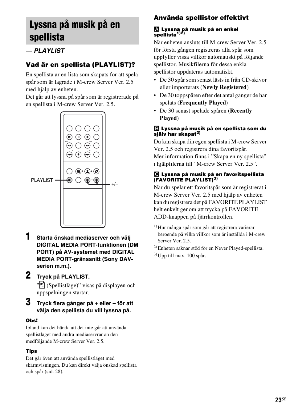 Lyssna på musik på en spellista, Playlist, Sid. 23) | Sony TDM-NC1 User Manual | Page 279 / 467