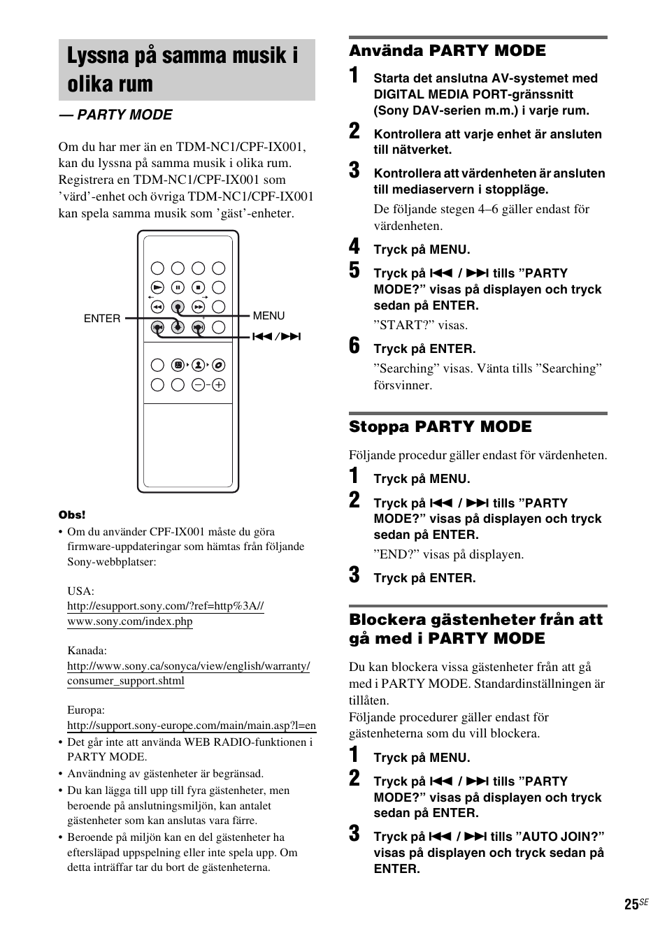 Lyssna på samma musik i olika rum, Party mode, Mode, sidan 25) | Sony TDM-NC1 User Manual | Page 281 / 467