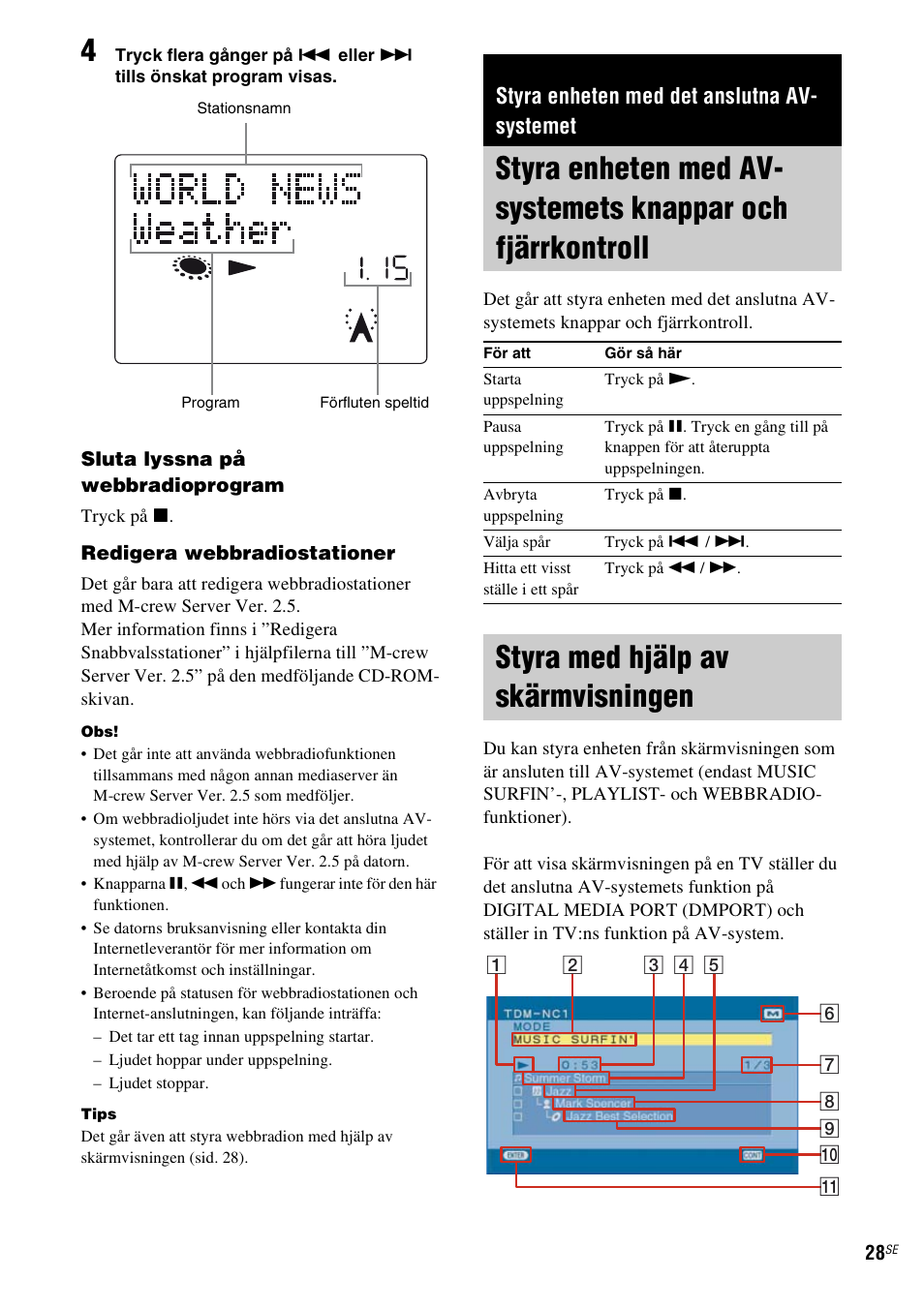 Styra enheten med det anslutna av-systemet, Styra med hjälp av skärmvisningen, Styra enheten med av-systemets knappar | Och fjärrkontroll, Sidan 28), Styra enheten med det anslutna av- systemet | Sony TDM-NC1 User Manual | Page 284 / 467