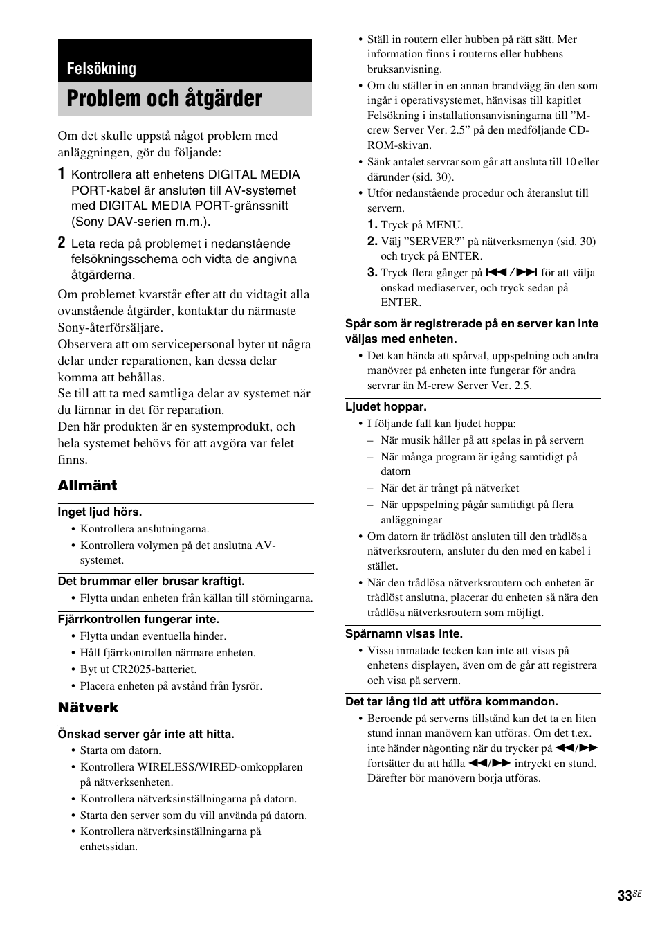 Felsökning, Problem och åtgärder | Sony TDM-NC1 User Manual | Page 289 / 467