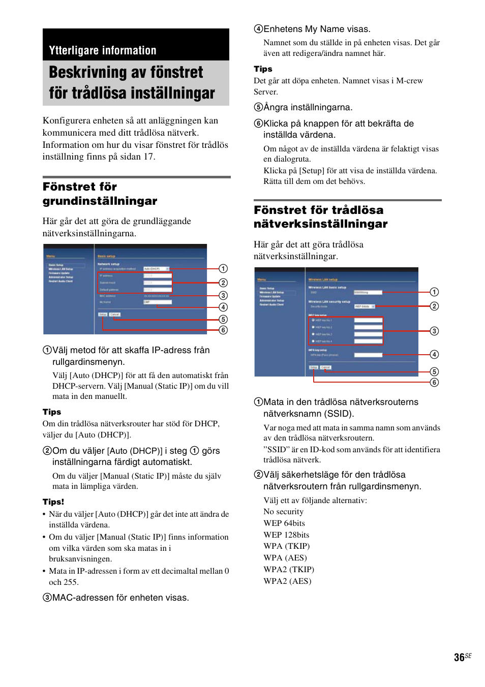 Ytterligare information, Beskrivning av fönstret för trådlösa inställningar, Beskrivning av fönstret för trådlösa | Inställningar, Sid. 36), Fönstret för grundinställningar, Fönstret för trådlösa nätverksinställningar | Sony TDM-NC1 User Manual | Page 292 / 467