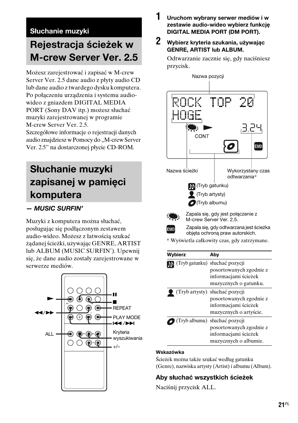 Słuchanie muzyki, Rejestracja ścieżek w m-crew server ver. 2.5, Słuchanie muzyki zapisanej w pamięci komputera | Music surfin, Rejestracja ścieżek w m-crew server, Ver. 2.5, Słuchanie muzyki zapisanej w pamięci, Komputera — music surfin | Sony TDM-NC1 User Manual | Page 318 / 467