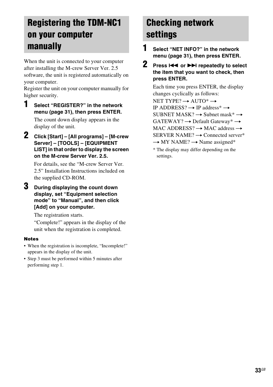 Registering the tdm-nc1 on your computer manually, Checking network settings, Registering the tdm-nc1 on your | Computer manually | Sony TDM-NC1 User Manual | Page 33 / 467