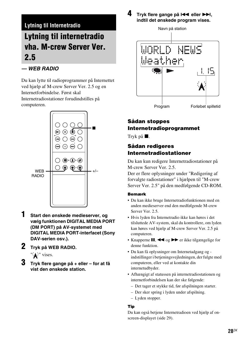 Lytning til internetradio, Web radio, Lytning til internetradio vha. m-crew | Server ver. 2.5 — web radio, Side 28) | Sony TDM-NC1 User Manual | Page 369 / 467