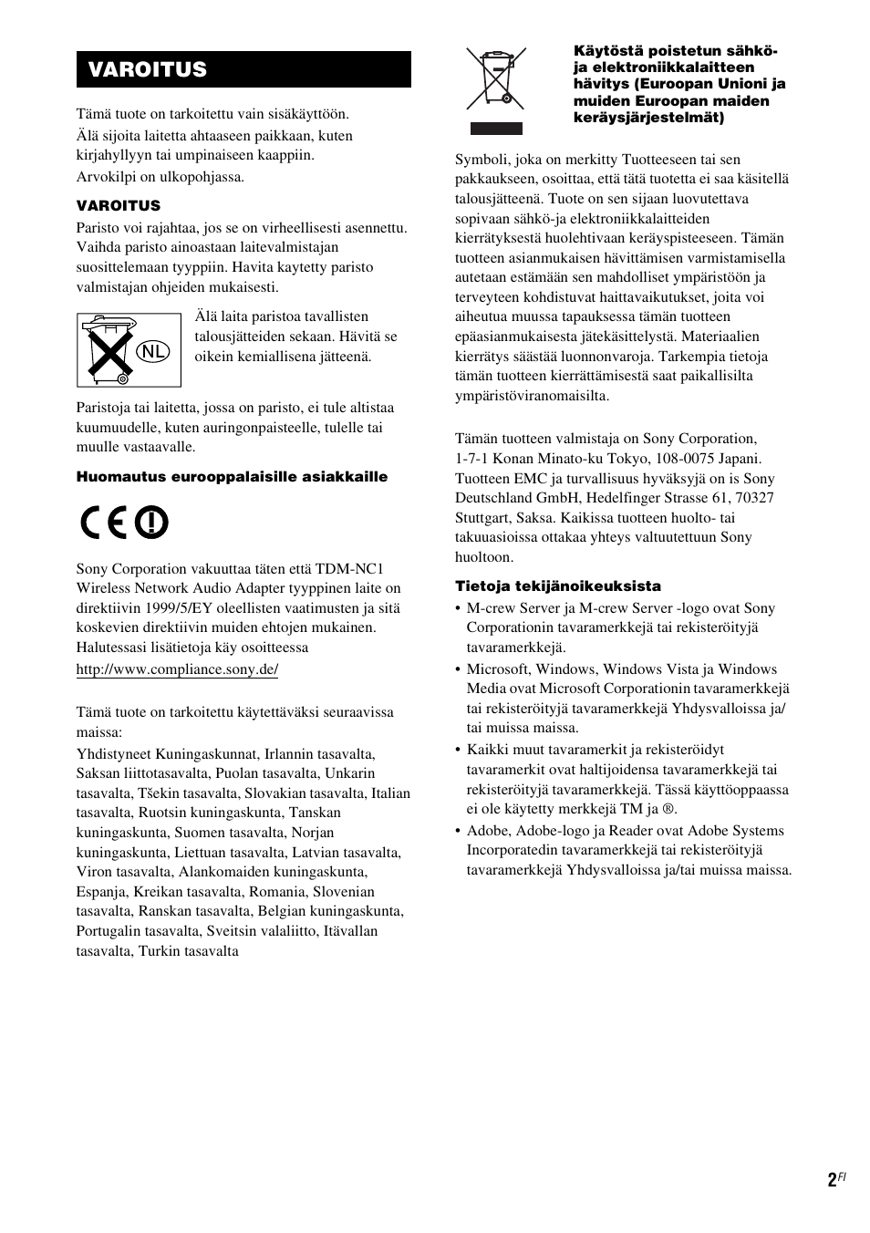 Varoitus | Sony TDM-NC1 User Manual | Page 385 / 467
