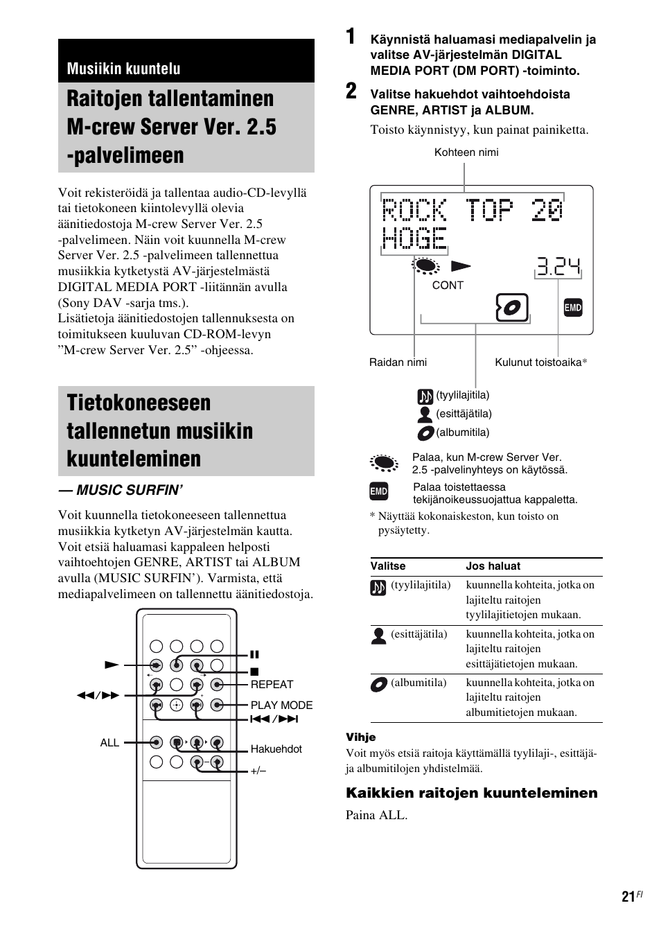 Musiikin kuuntelu, Tietokoneeseen tallennetun musiikin kuunteleminen, Music surfin | Raitojen tallentaminen m-crew server, Ver. 2.5 -palvelimeen, Tietokoneeseen tallennetun musiikin, Kuunteleminen — music surfin, Sivu 21) | Sony TDM-NC1 User Manual | Page 404 / 467