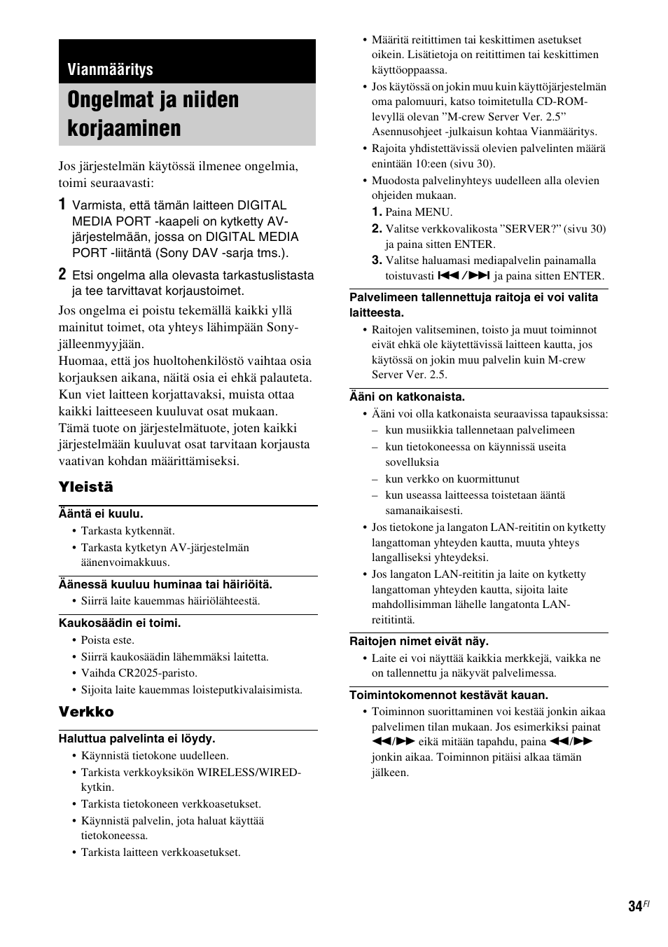 Vianmääritys, Ongelmat ja niiden korjaaminen | Sony TDM-NC1 User Manual | Page 417 / 467