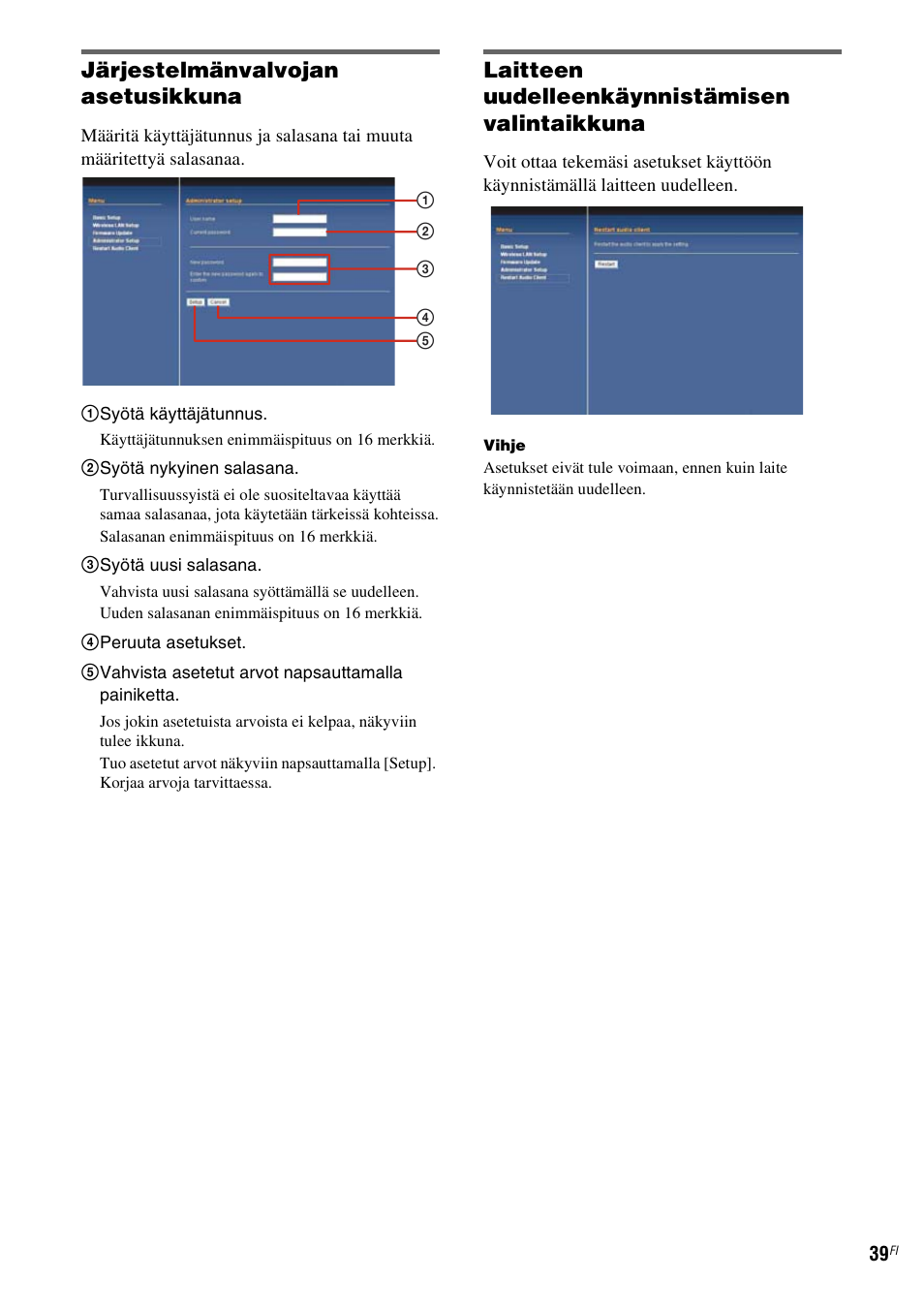 Järjestelmänvalvojan asetusikkuna, Laitteen uudelleenkäynnistämisen valintaikkuna | Sony TDM-NC1 User Manual | Page 422 / 467