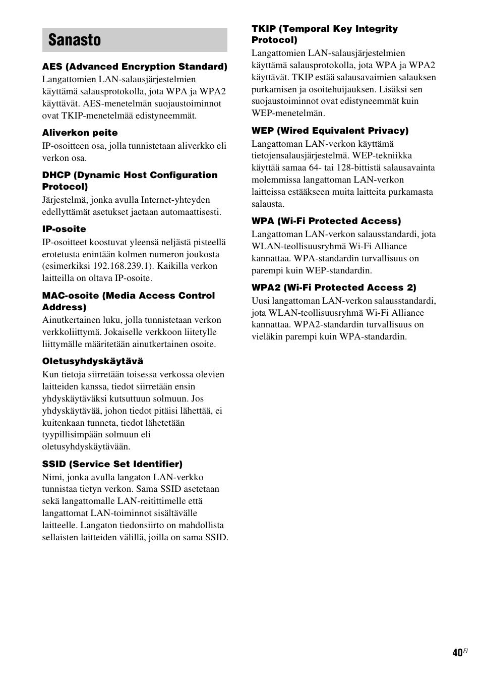 Sanasto | Sony TDM-NC1 User Manual | Page 423 / 467