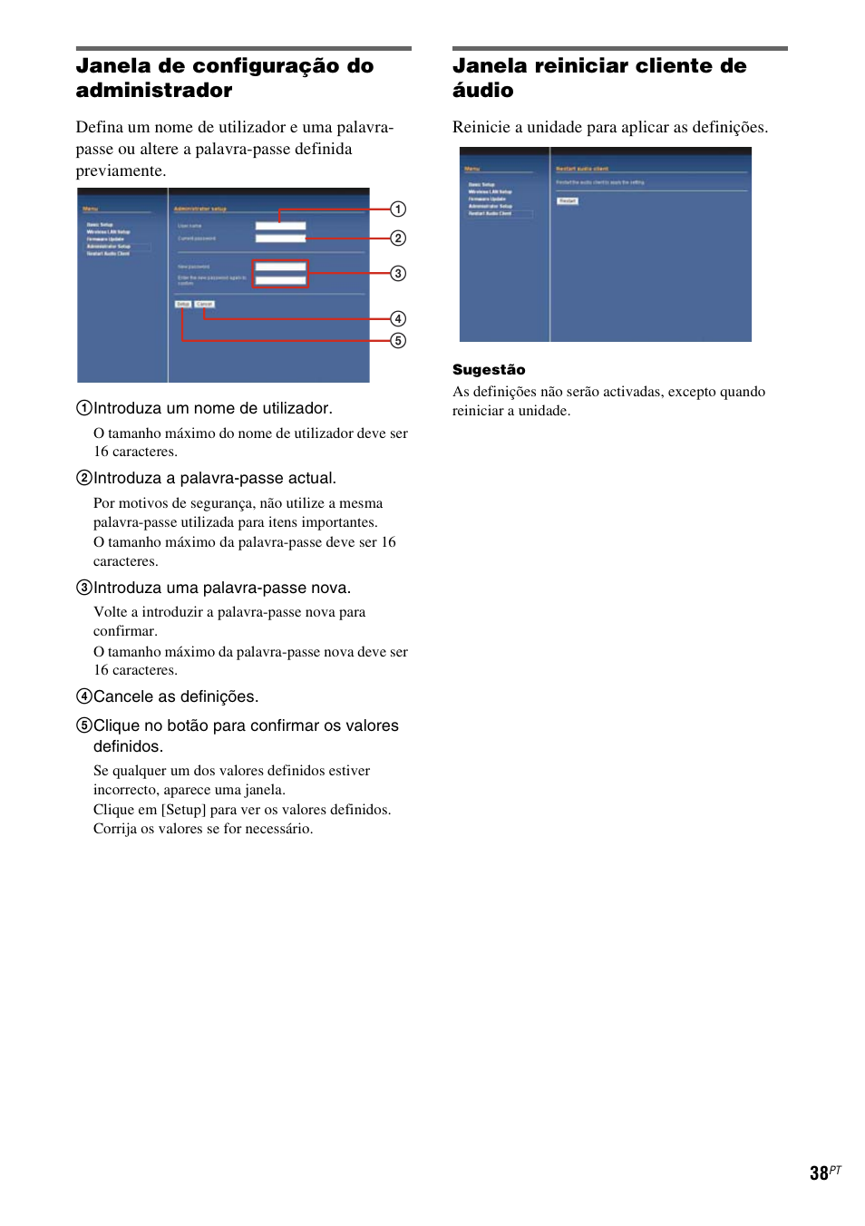 Janela de configuração do administrador, Janela reiniciar cliente de áudio | Sony TDM-NC1 User Manual | Page 463 / 467