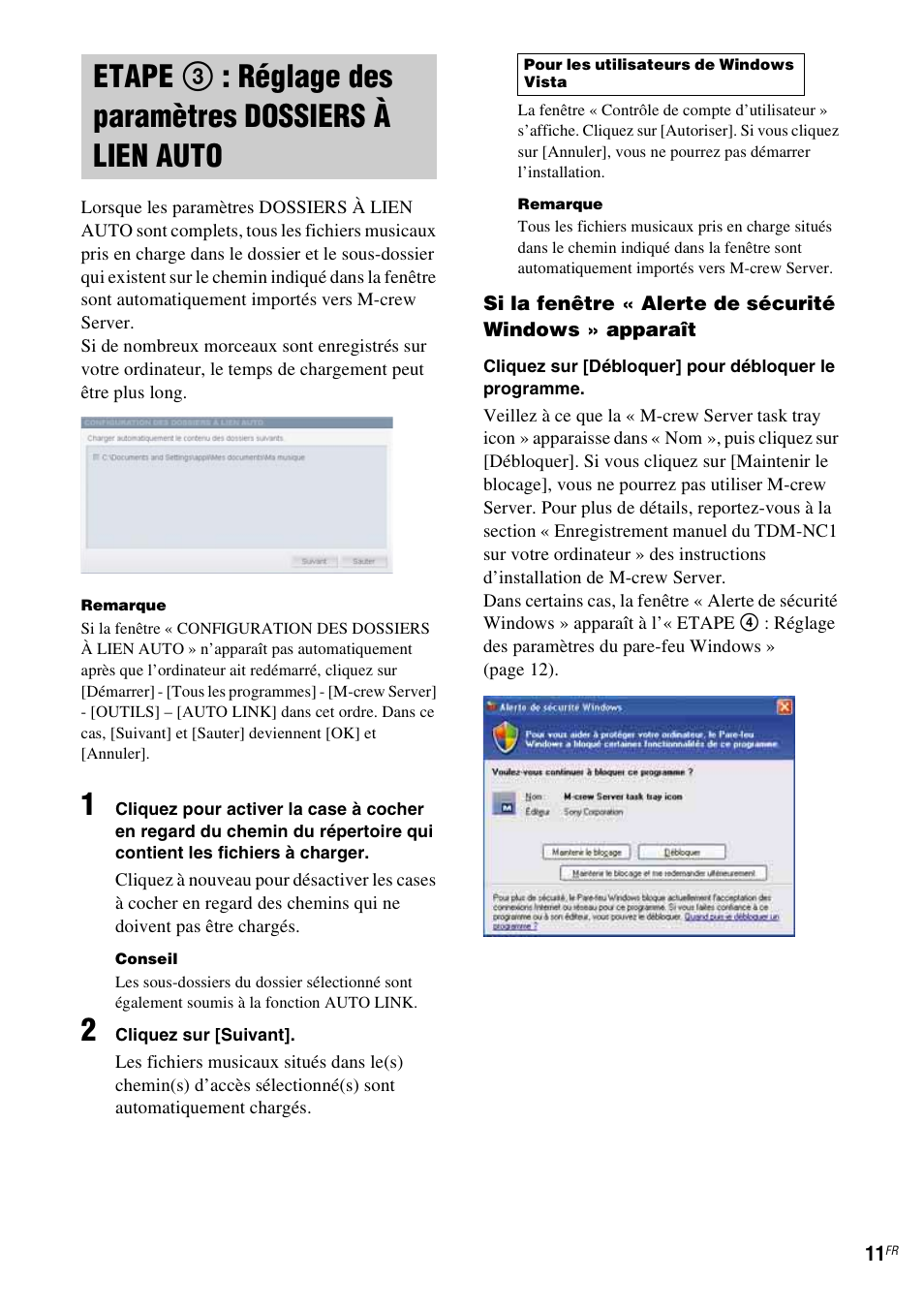 Etape 3 : réglage des paramètres, Dossiers à lien auto | Sony TDM-NC1 User Manual | Page 53 / 467