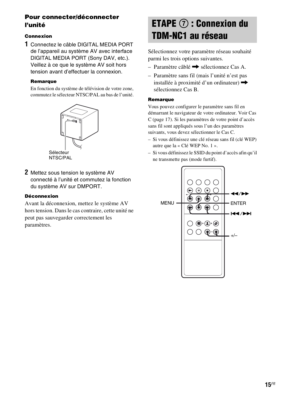 Etape 7: connexion du tdm-nc1 au réseau, Etape 7 : connexion du tdm-nc1 au, Réseau | Etape 7 : connexion du tdm-nc1 au réseau | Sony TDM-NC1 User Manual | Page 57 / 467