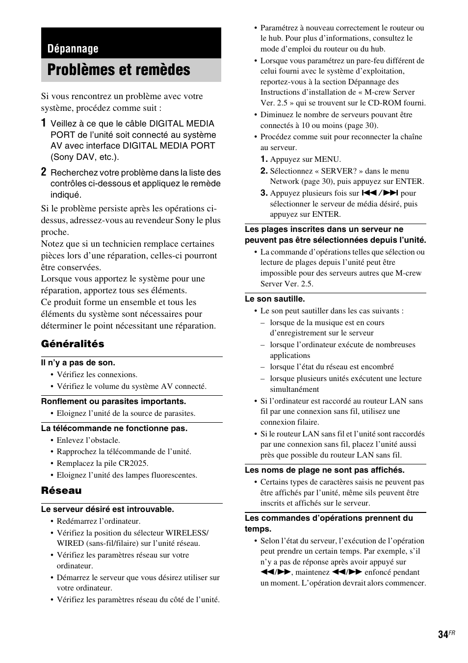 Dépannage, Problèmes et remèdes | Sony TDM-NC1 User Manual | Page 76 / 467