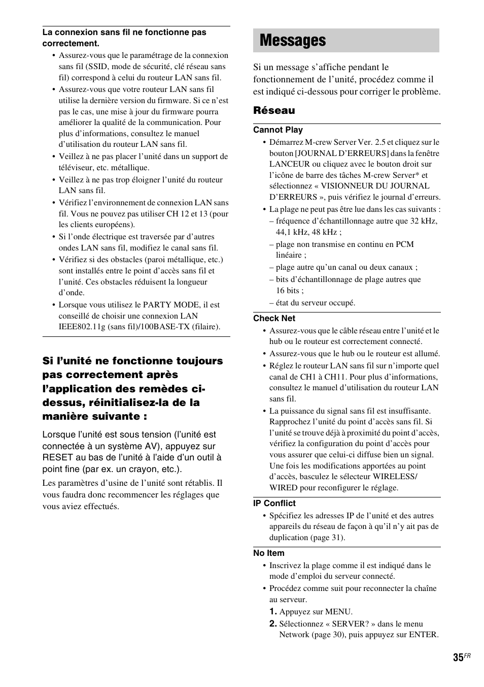 Messages, Réseau | Sony TDM-NC1 User Manual | Page 77 / 467