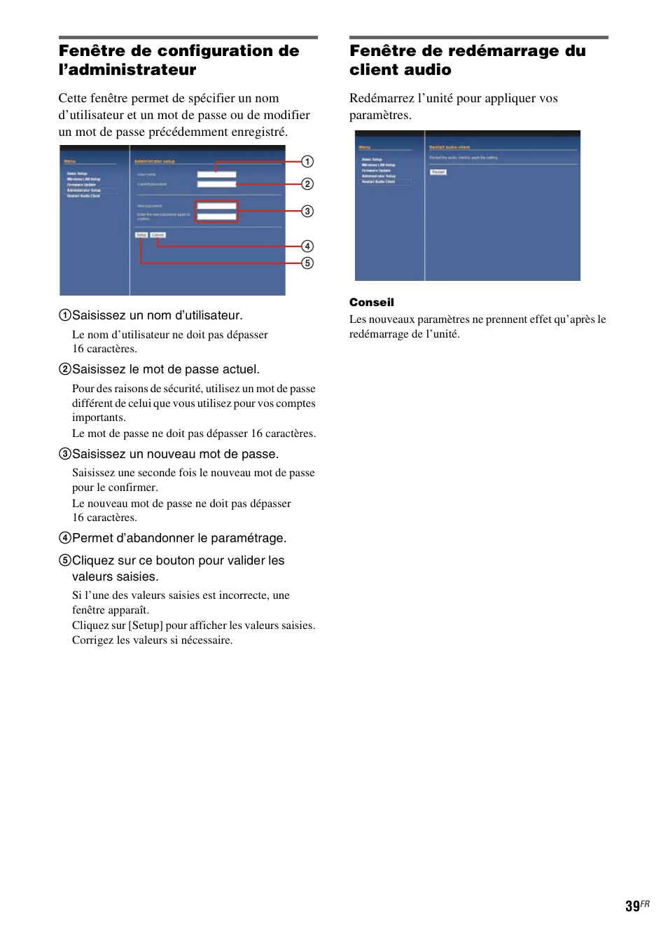 Fenêtre de configuration de l’administrateur, Fenêtre de redémarrage du client audio | Sony TDM-NC1 User Manual | Page 81 / 467