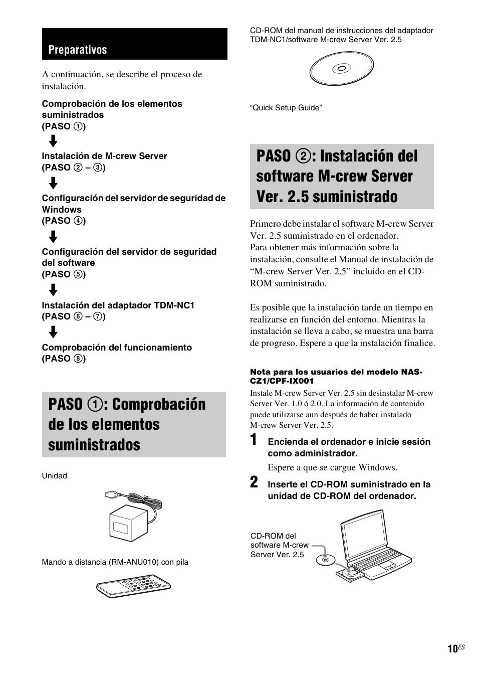 Preparativos, Paso 1: comprobación de los, Elementos suministrados | Paso 2: instalación del software, M-crew server ver. 2.5 suministrado | Sony TDM-NC1 User Manual | Page 94 / 467