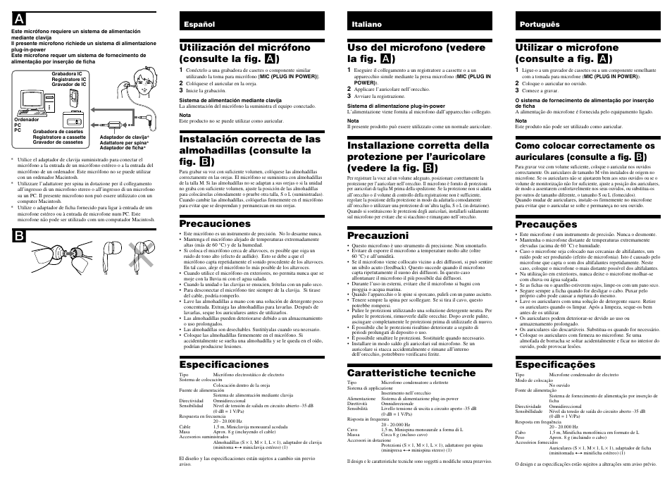 Utilización del micrófono (consulte la fig. a ), Precauciones, Especificaciones | Uso del microfono (vedere la fig. a ), Precauzioni, Caratteristiche tecniche, Utilizar o microfone (consulte a fig. a ), Precauções, Especificações | Sony ECM-TL1 User Manual | Page 2 / 2