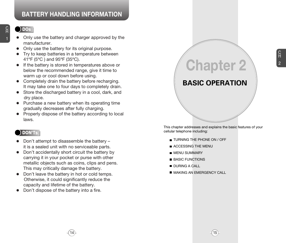 Chapter 2, Basic operation, Battery handling information | Audiovox 8910 User Manual | Page 10 / 70