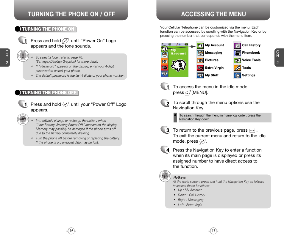 Accessing the menu, Turning the phone on / off | Audiovox 8910 User Manual | Page 11 / 70