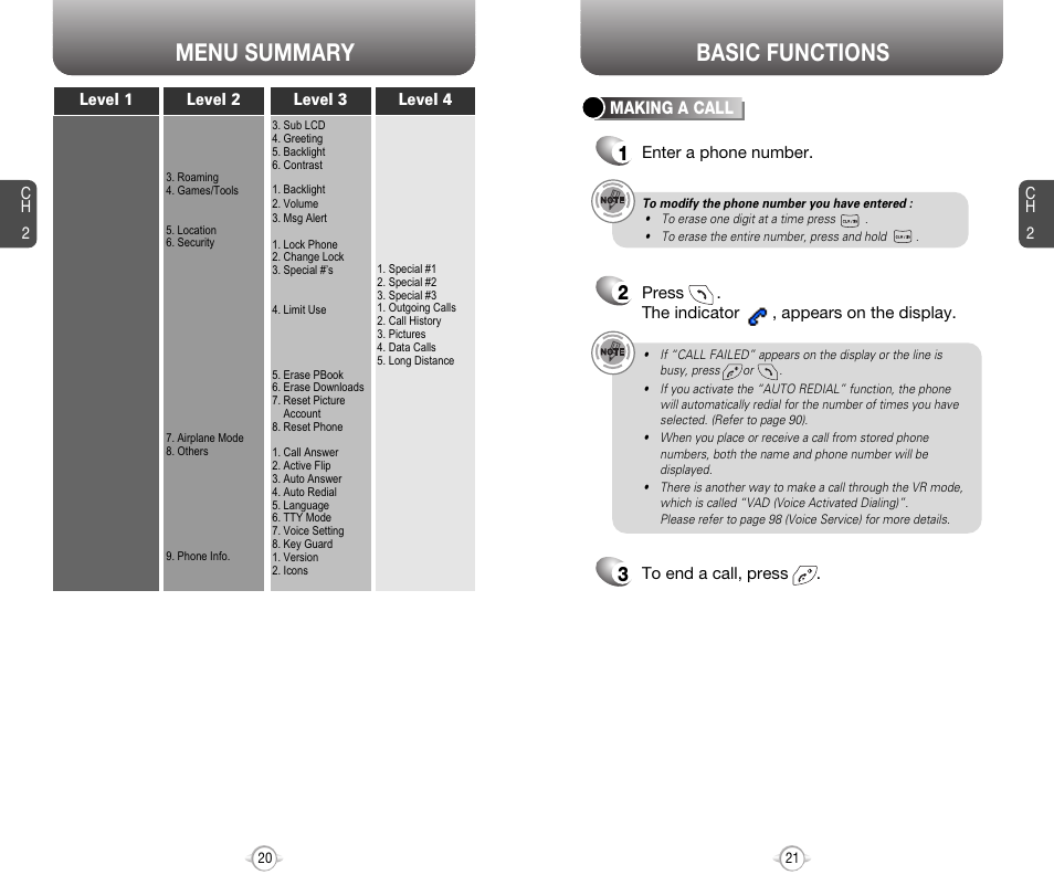 Menu summary, Basic functions | Audiovox 8910 User Manual | Page 13 / 70