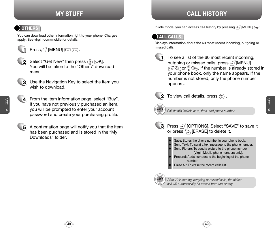 My stuff, Call history | Audiovox 8910 User Manual | Page 27 / 70
