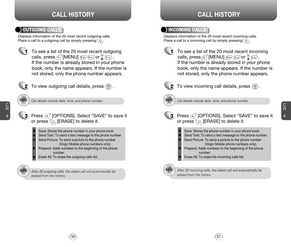 Call history | Audiovox 8910 User Manual | Page 28 / 70