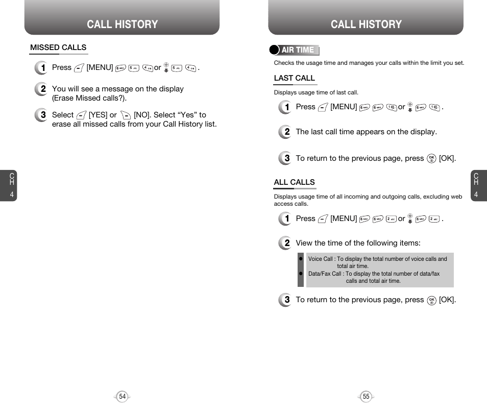 Call history | Audiovox 8910 User Manual | Page 30 / 70