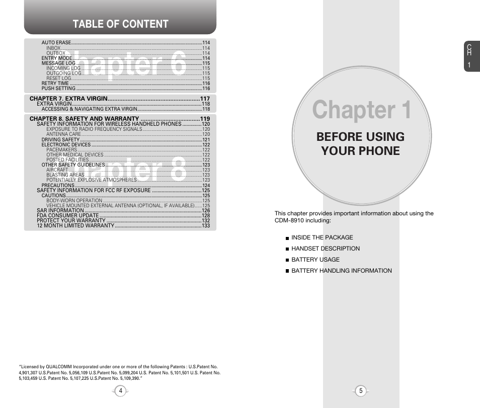 Chapter 8 chapter 6, Chapter 1, Before using your phone | Table of content | Audiovox 8910 User Manual | Page 5 / 70