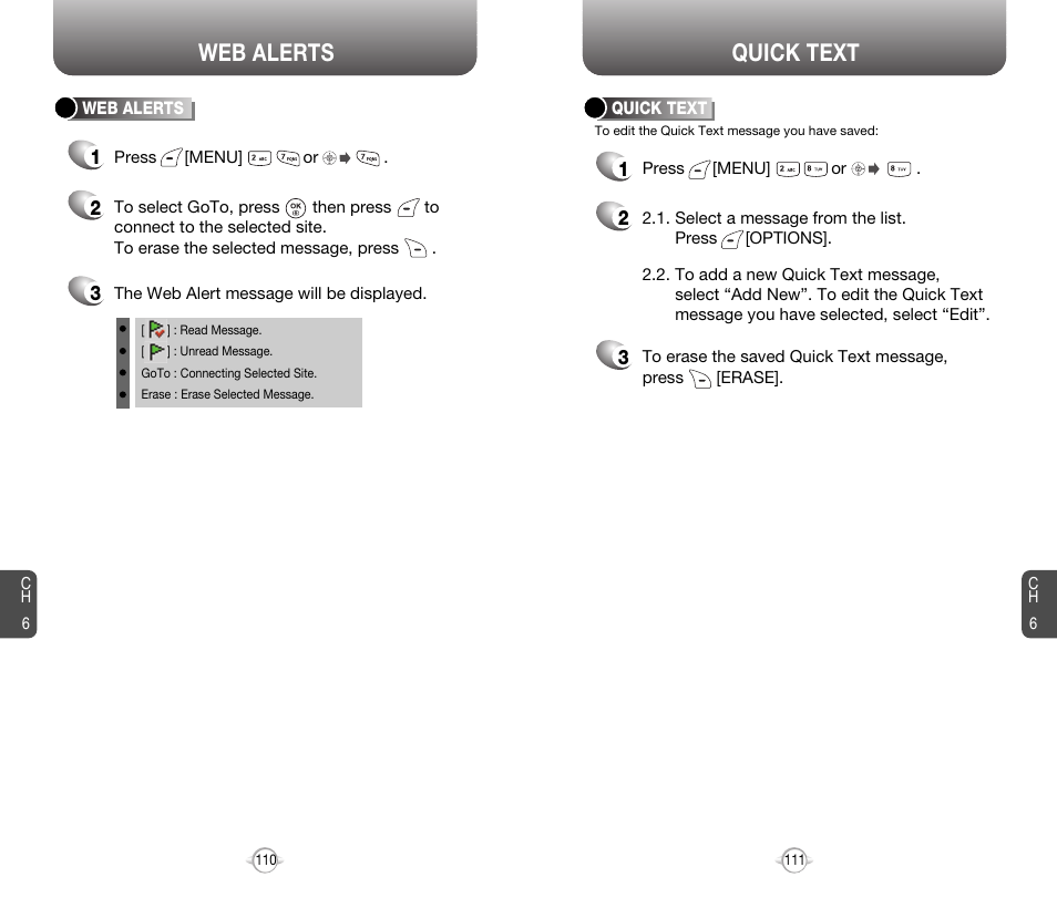 Quick text, Web alerts | Audiovox 8910 User Manual | Page 58 / 70