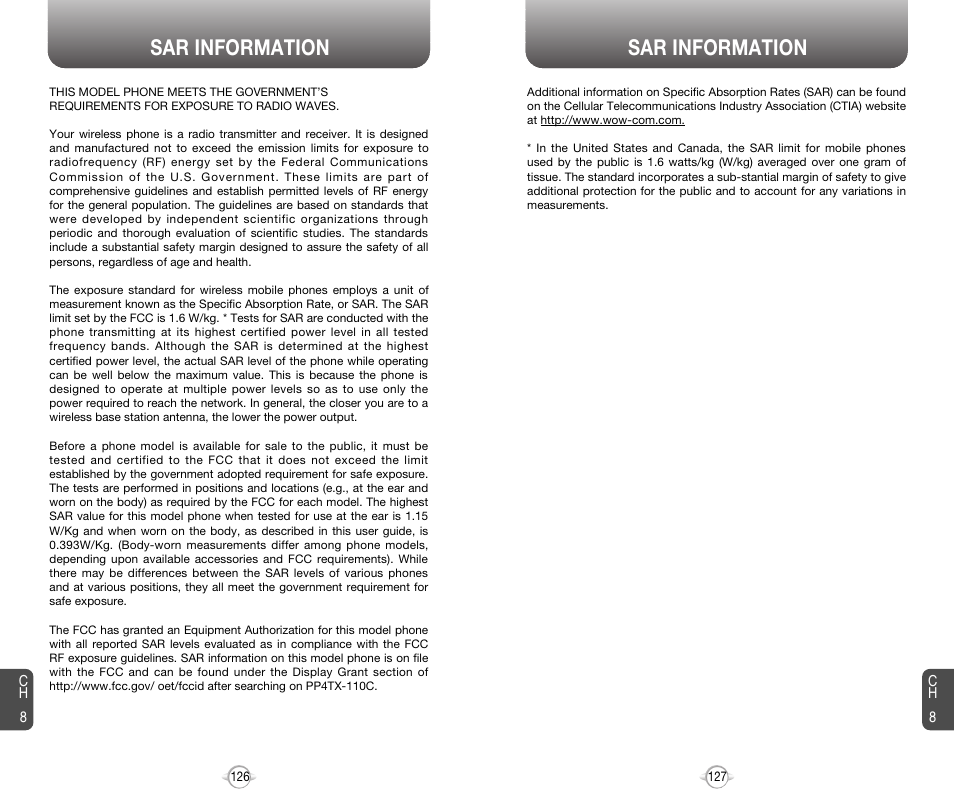 Sar information | Audiovox 8910 User Manual | Page 66 / 70