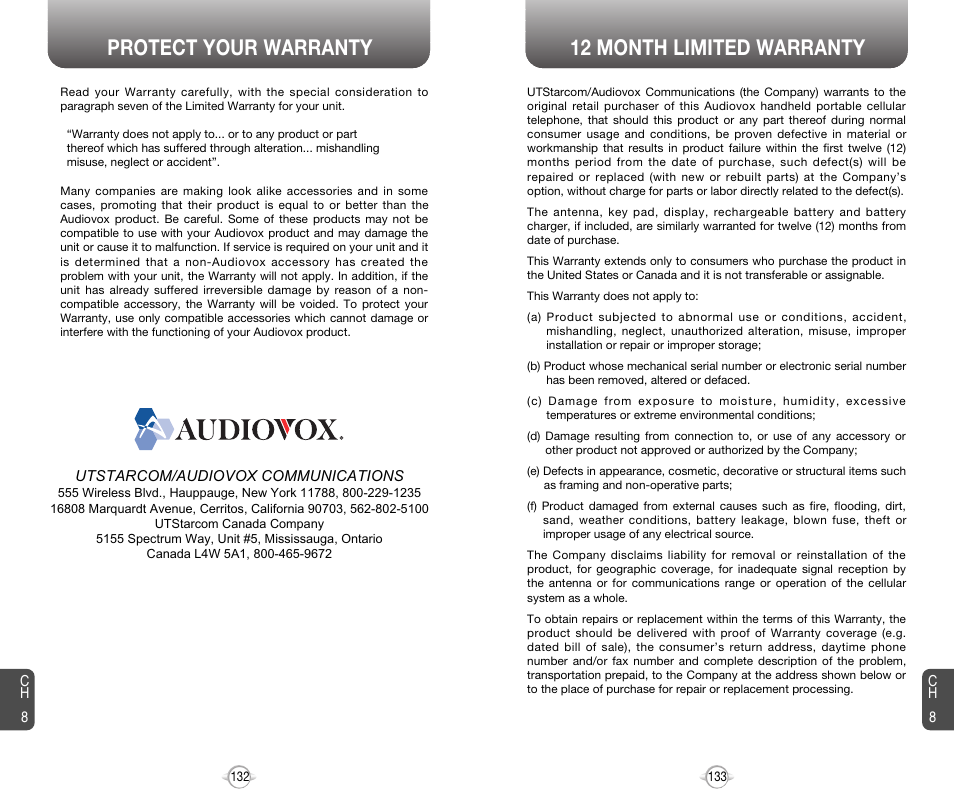 Protect your warranty 12 month limited warranty | Audiovox 8910 User Manual | Page 69 / 70