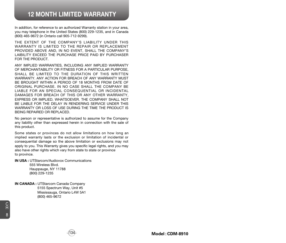 12 month limited warranty | Audiovox 8910 User Manual | Page 70 / 70