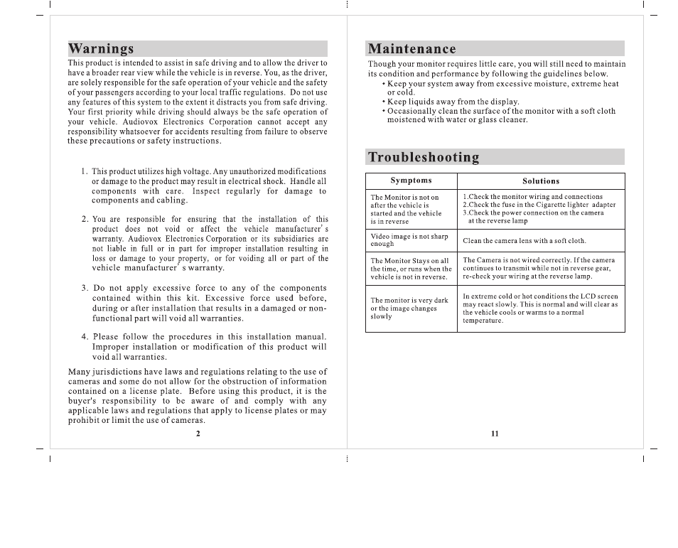 Warnings, Maintenance, Troubleshooting | Audiovox ACA 240 User Manual | Page 3 / 7