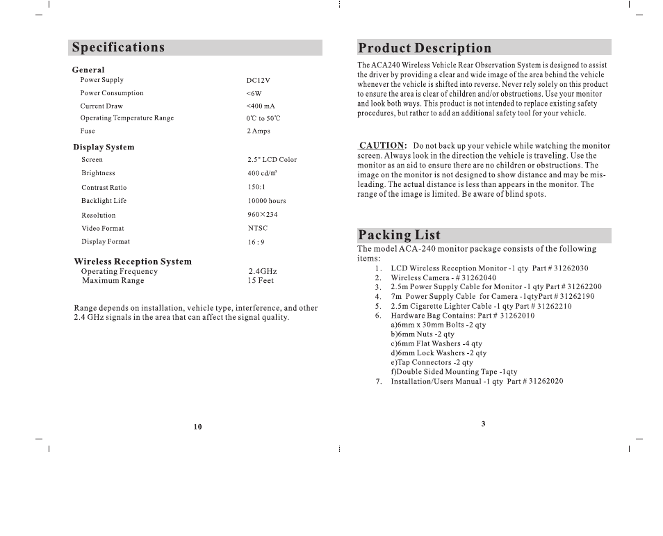 Specifications, Product description, Specifications product description | Packing list | Audiovox ACA 240 User Manual | Page 4 / 7