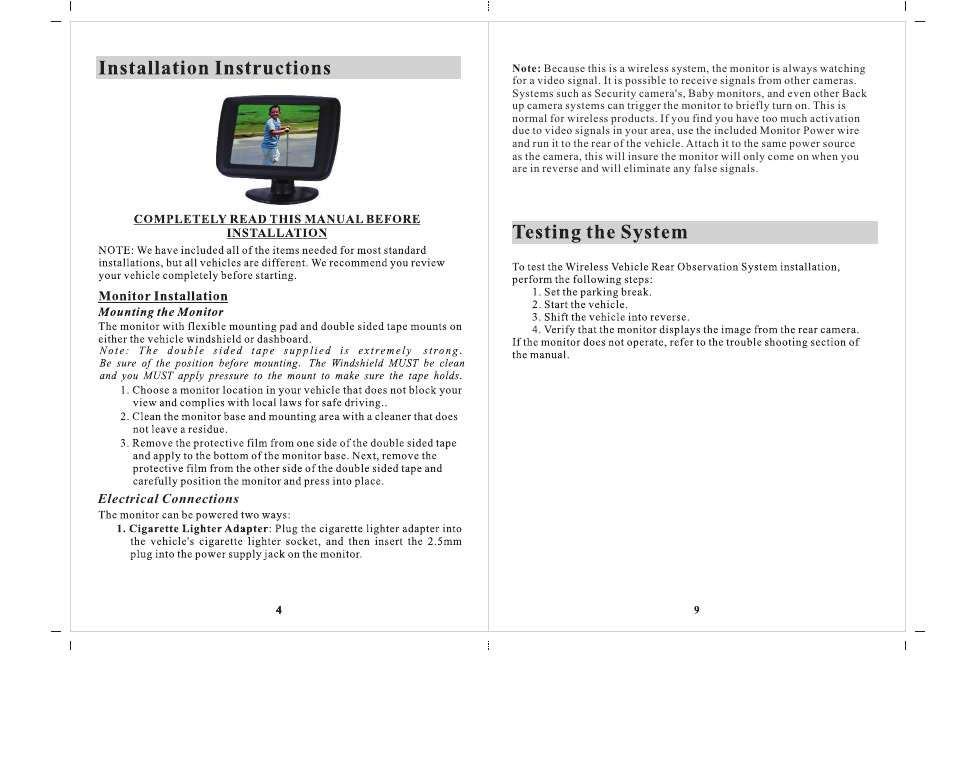Installation instructions, Completely read this manual before installation, Monitor installation | Testing the system | Audiovox ACA 240 User Manual | Page 5 / 7