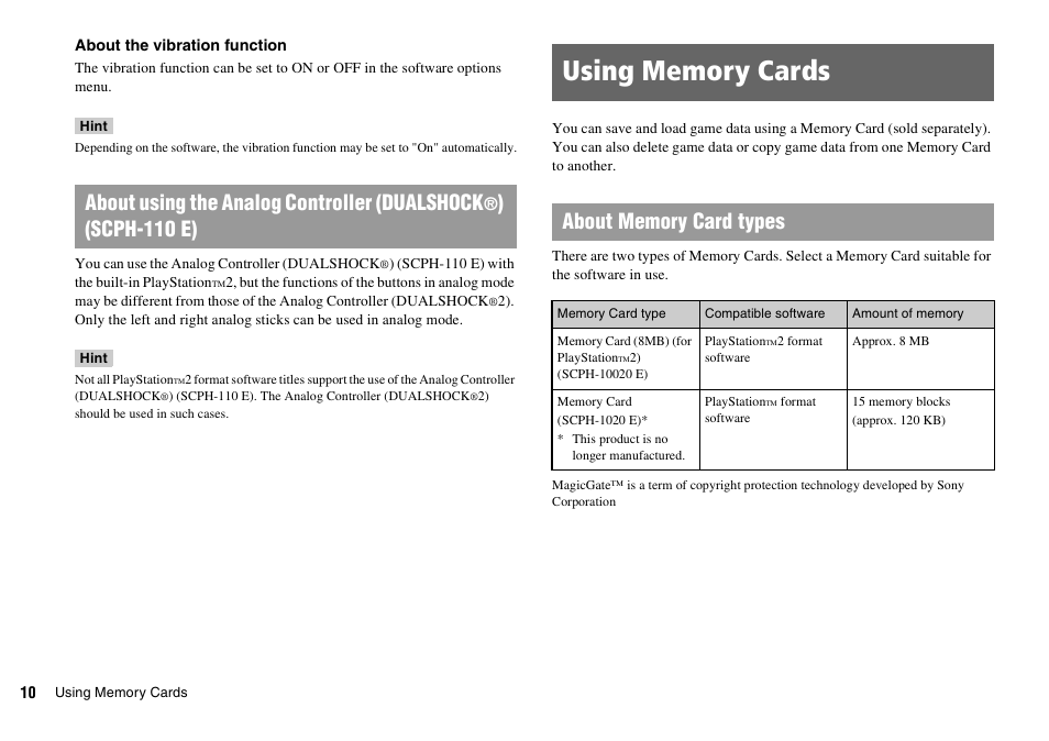 Using memory cards, About using the analog controller (dualshock, Scph-110 e) | Sony KDL-22PX300 User Manual | Page 10 / 297