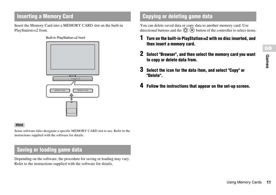 Copying or deleting game data | Sony KDL-22PX300 User Manual | Page 11 / 297