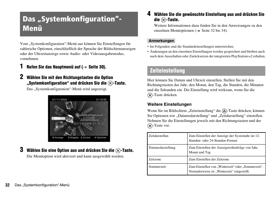 Das „systemkonfiguration“- menü, Das „systemkonfiguration“-menü, Zeiteinstellung | Sony KDL-22PX300 User Manual | Page 143 / 297