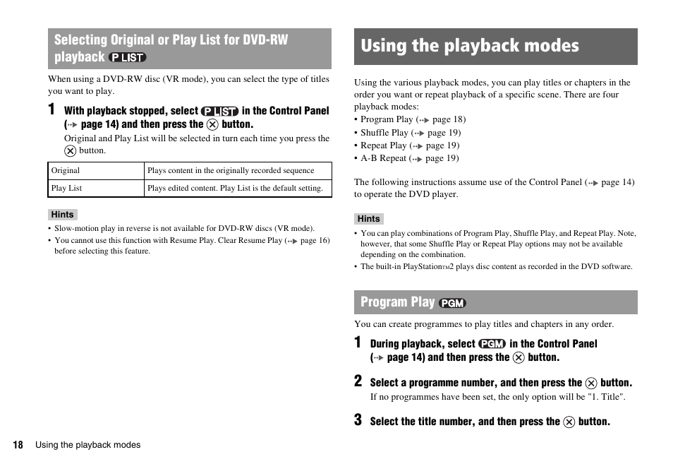 Using the playback modes, Program play | Sony KDL-22PX300 User Manual | Page 18 / 297