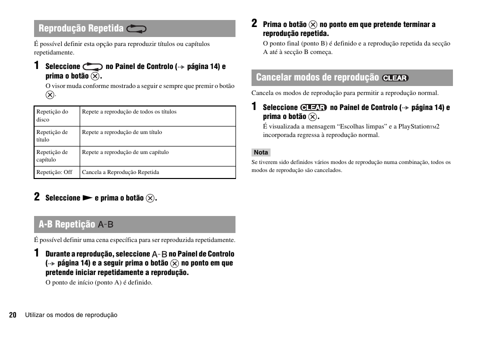 Reprodução repetida, A-b repetição cancelar modos de reprodução | Sony KDL-22PX300 User Manual | Page 206 / 297