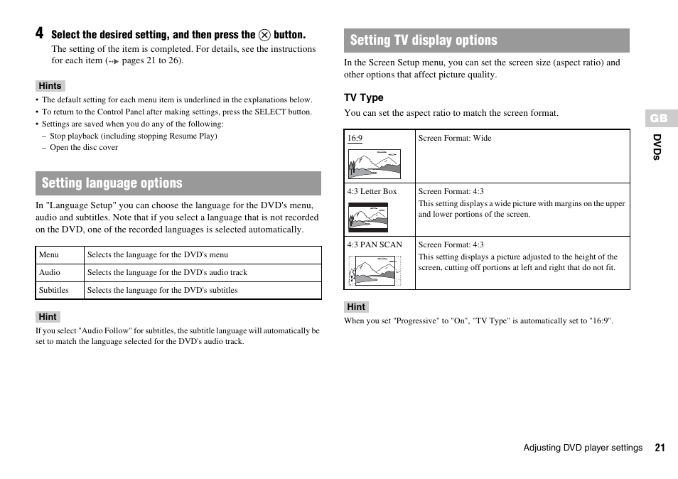Setting language options, Setting tv display options | Sony KDL-22PX300 User Manual | Page 21 / 297