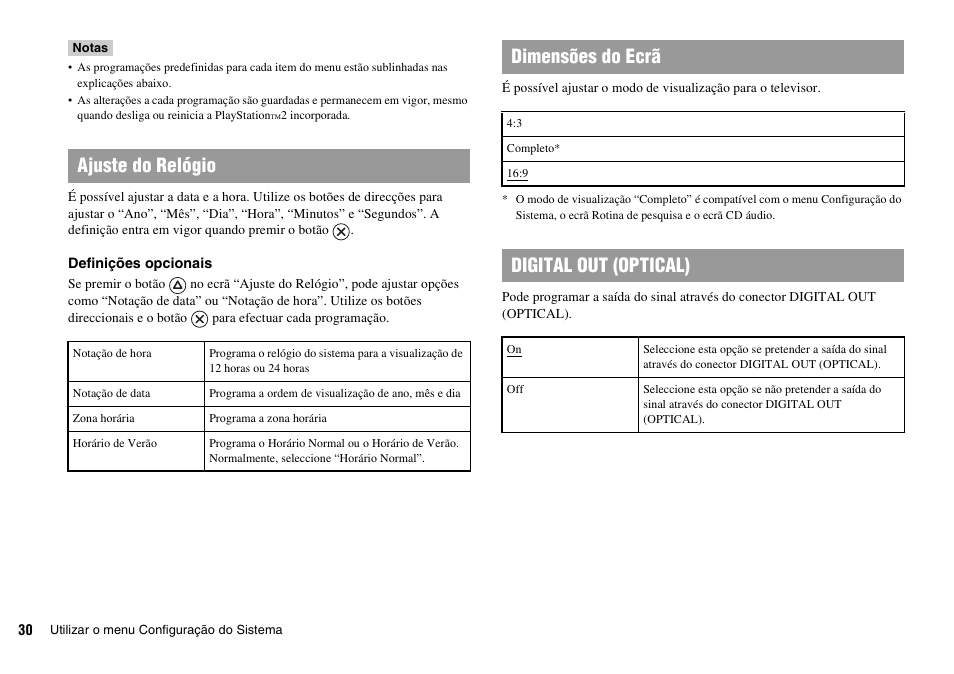 Ajuste do relógio, Dimensões do ecrã, Digital out (optical) | Sony KDL-22PX300 User Manual | Page 216 / 297