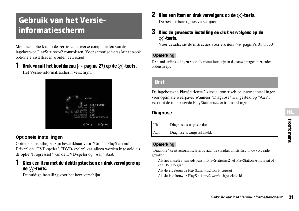 Gebruik van het versie-informatiescherm, Gebruik van het versie- informatiescherm, Unit | Sony KDL-22PX300 User Manual | Page 253 / 297