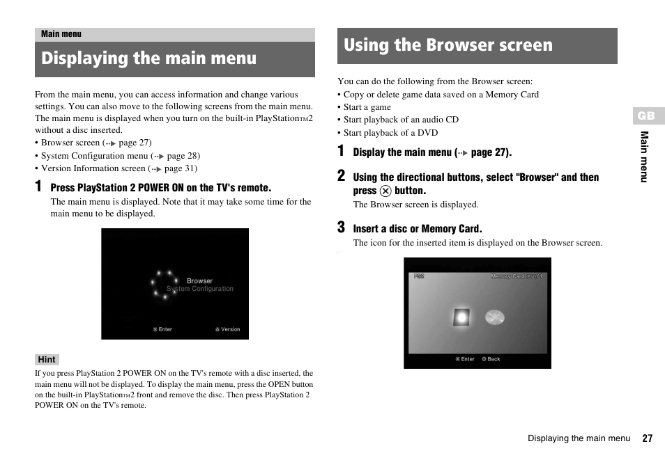 Main menu, Displaying the main menu, Using the browser screen | Displaying the main menu using the browser screen | Sony KDL-22PX300 User Manual | Page 27 / 297