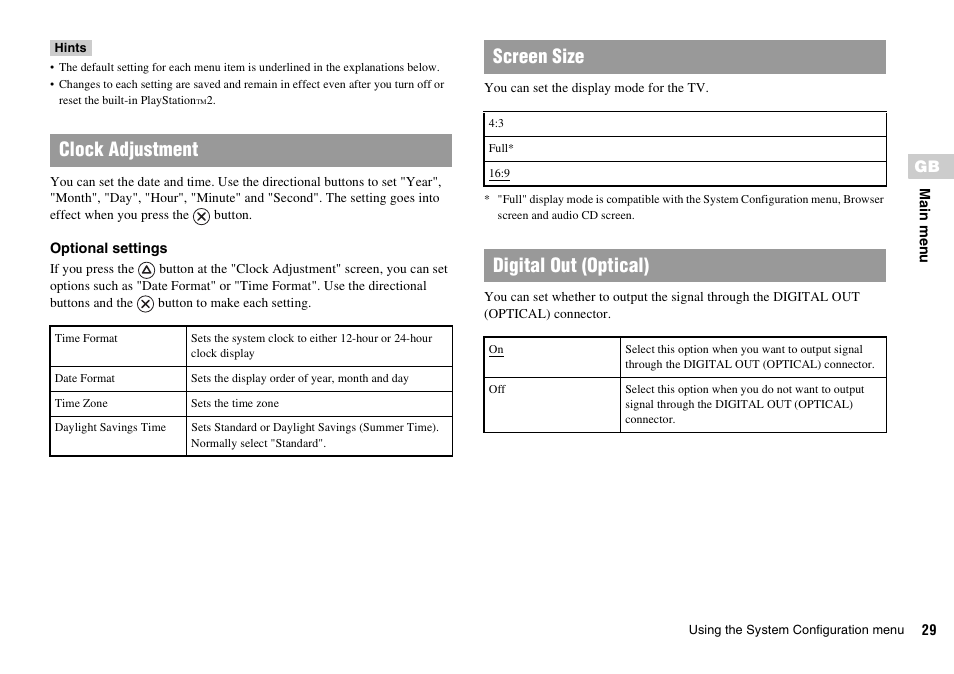 Clock adjustment, Screen size, Digital out (optical) | Sony KDL-22PX300 User Manual | Page 29 / 297