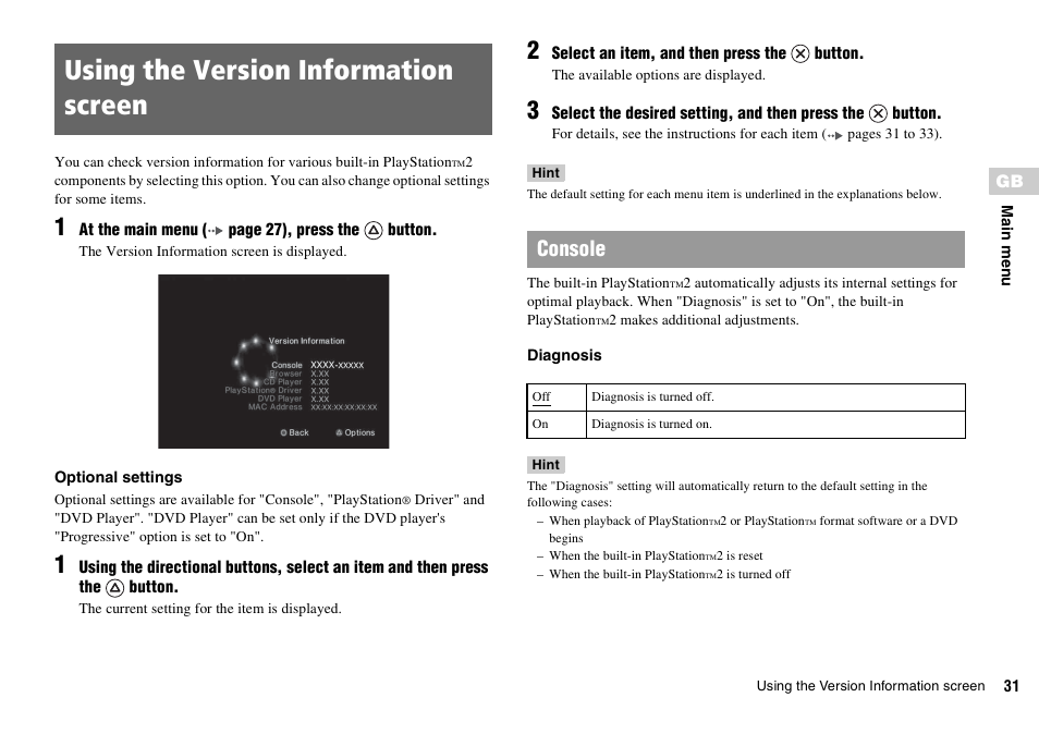 Using the version information screen, Console | Sony KDL-22PX300 User Manual | Page 31 / 297