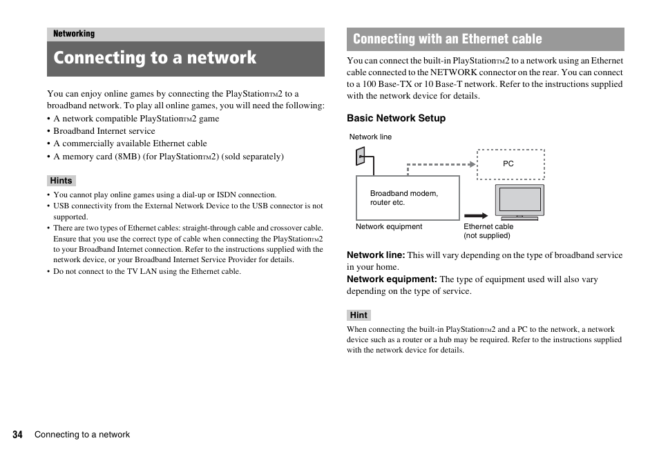 Networking, Connecting to a network, Connecting with an ethernet cable | Sony KDL-22PX300 User Manual | Page 34 / 297