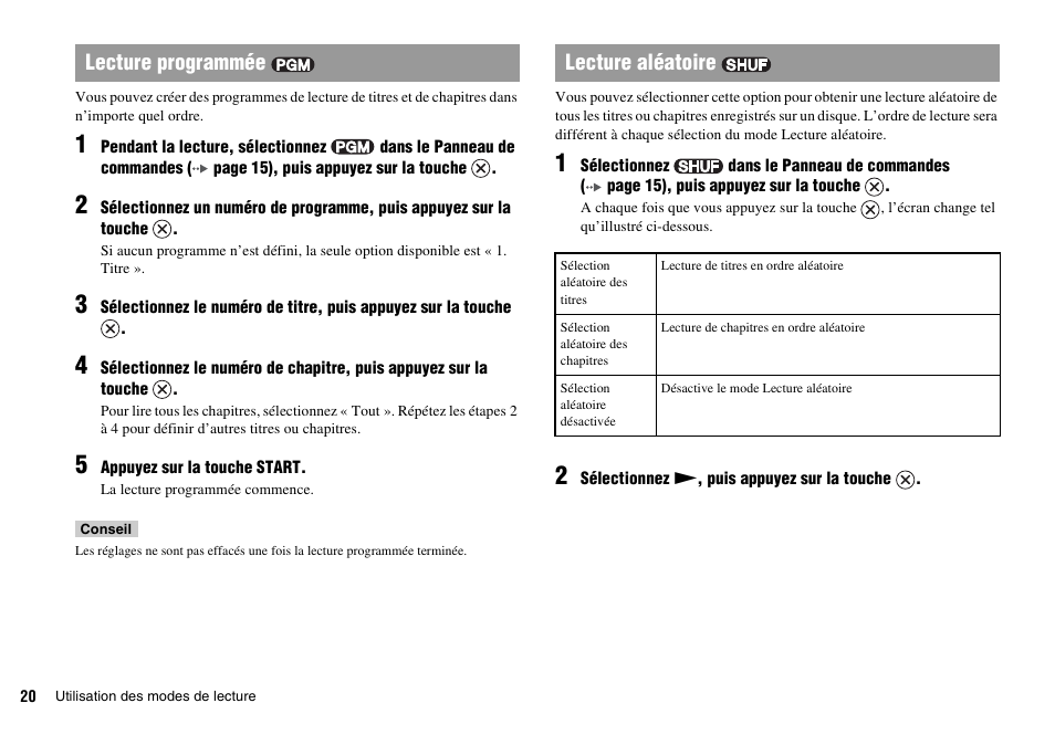 Lecture programmée lecture aléatoire | Sony KDL-22PX300 User Manual | Page 55 / 297