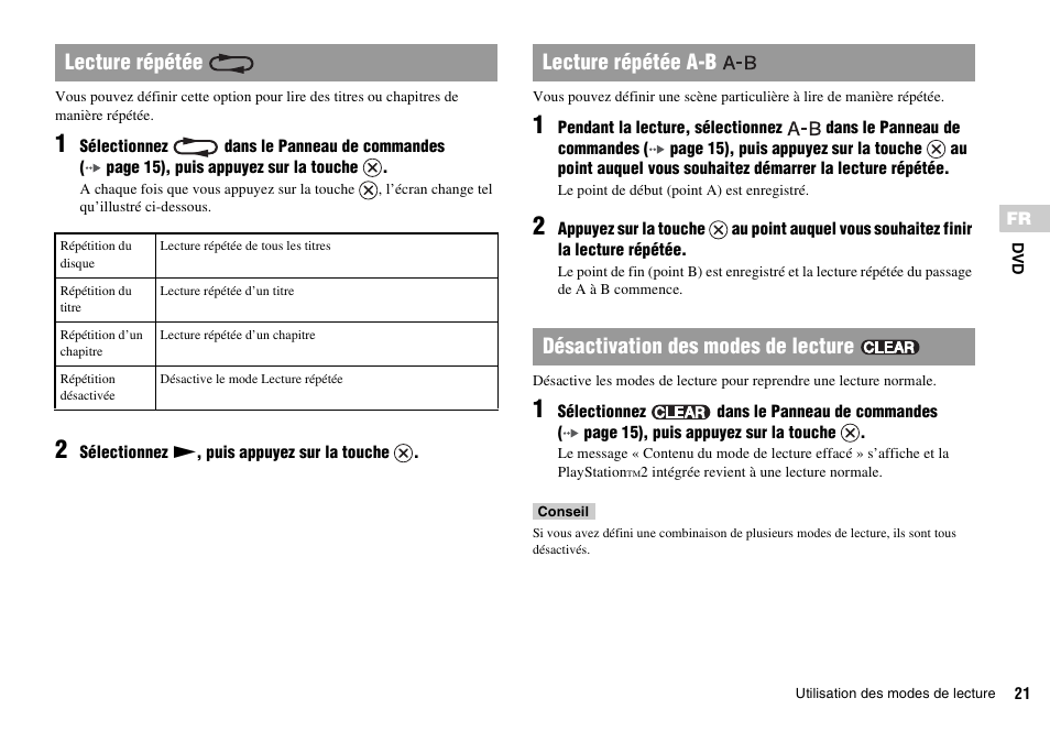 Lecture répétée | Sony KDL-22PX300 User Manual | Page 56 / 297